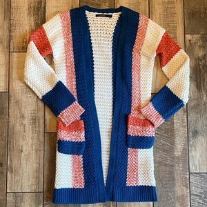 Vertigo Big Knit Striped Open-Front Cardigan Sweater